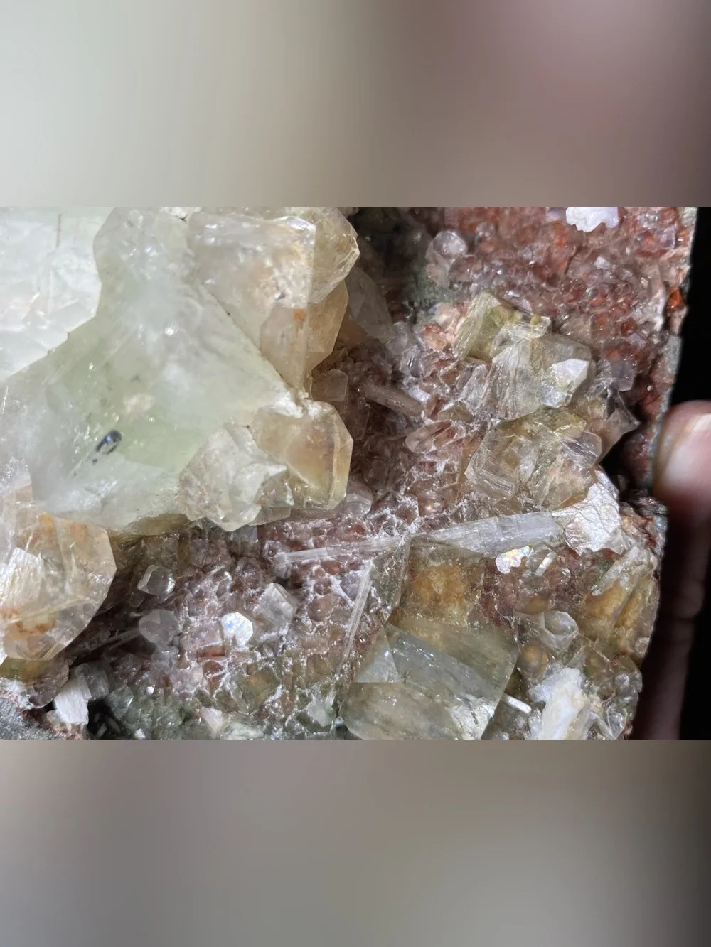 Green Apophyllite With Red Vanadinite On Matrix